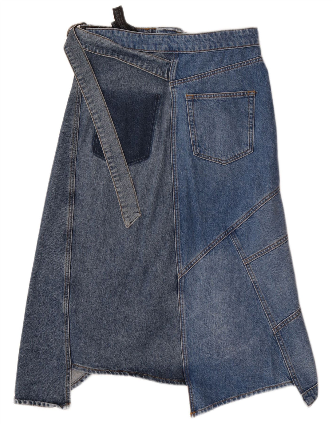 Saia jeans assimétrica feminina Zara pequena W26 azul patchwork algodão
