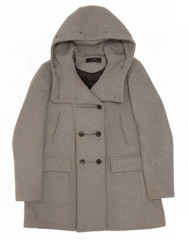 Casaco feminino Zara com capuz duplo e peito duplo UK 10 pequeno cinza
