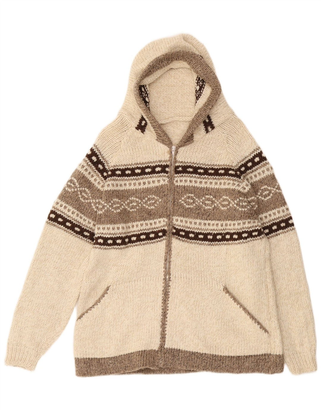 Suéter cardigã masculino VINTAGE com capuz médio off white Fair Isle