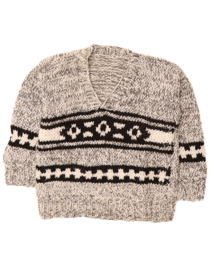 Suéter masculino vintage com decote em V cinza médio Fair Isle