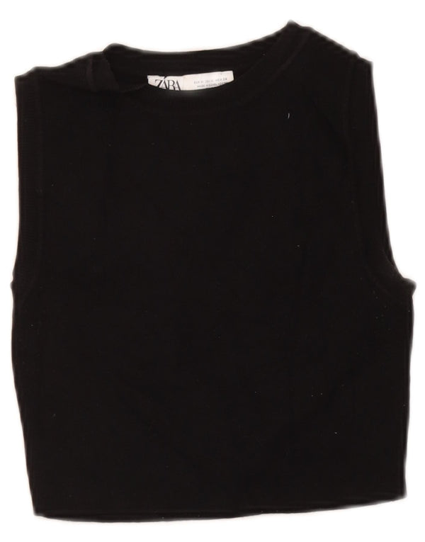 Zara Top curto sem mangas feminino UK 12 médio preto viscose