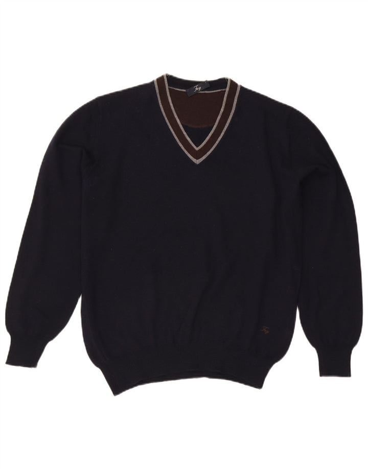 Suéter masculino Fay com decote em V médio azul marinho colorblock lã virgem
