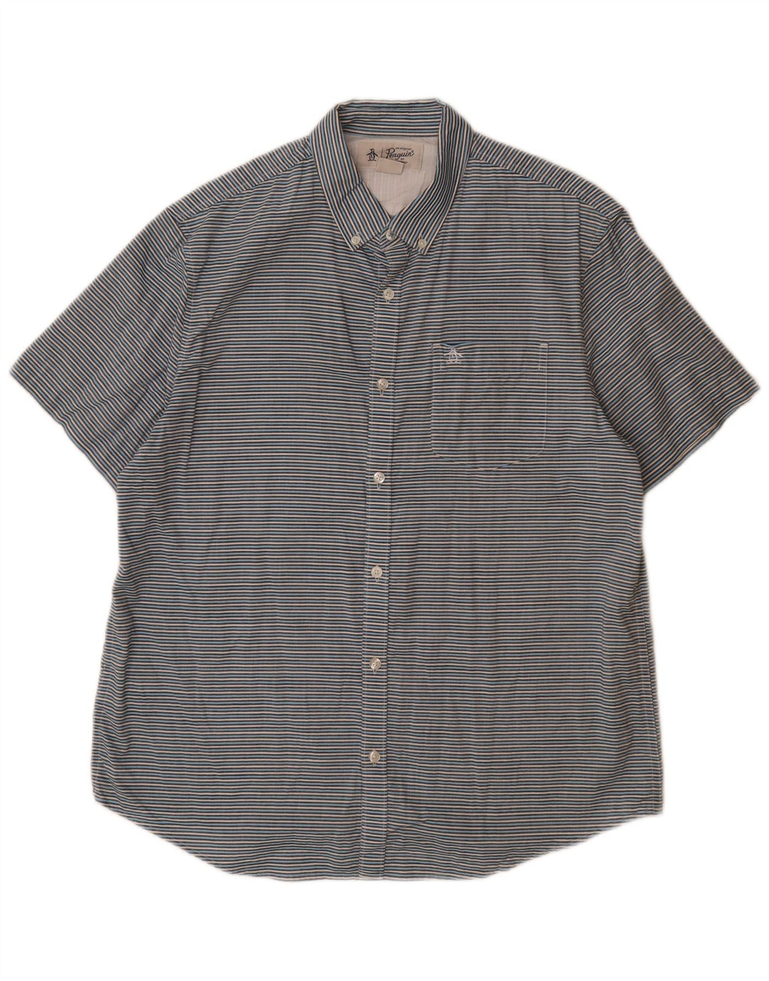 Camisa masculina de manga curta PENGUIN grande algodão listrado azul