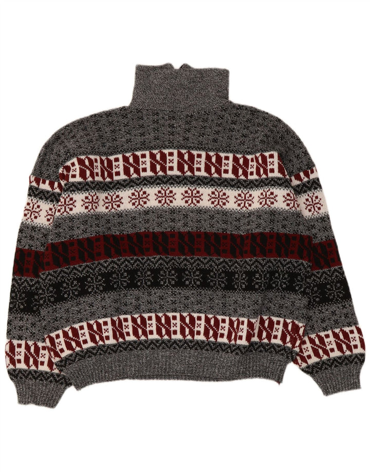 Suéter feminino vintage com decote em zíper UK 14 cinza médio Fair Isle