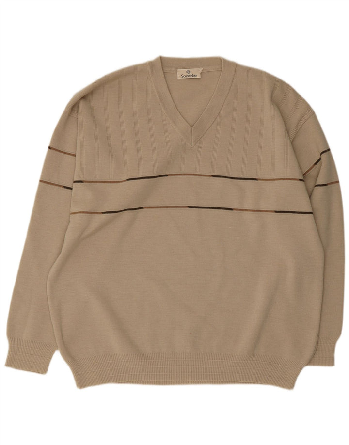 Suéter masculino vintage com decote em V IT 50 poliacrílico listrado bege médio