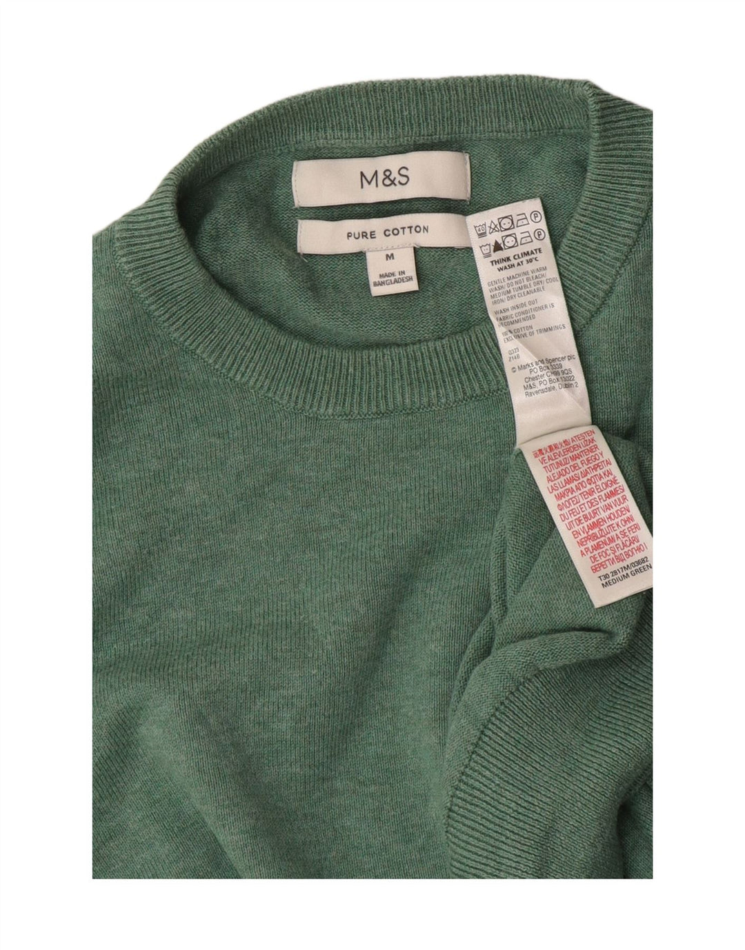 Suéter masculino Marks & Spencer com gola redonda, algodão verde médio