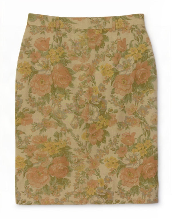 Saia reta feminina vintage UE 42 grande W30 linho floral multicolorido