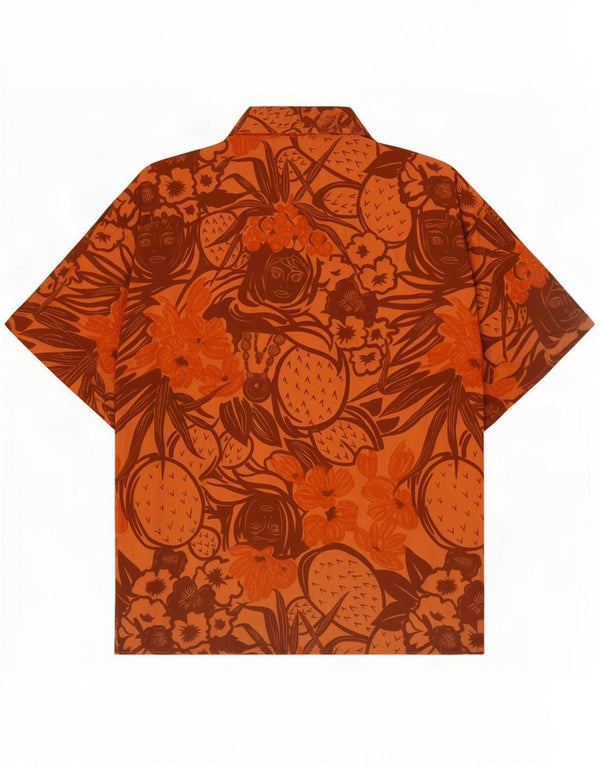 Camisa masculina vintage de manga curta grande algodão floral laranja