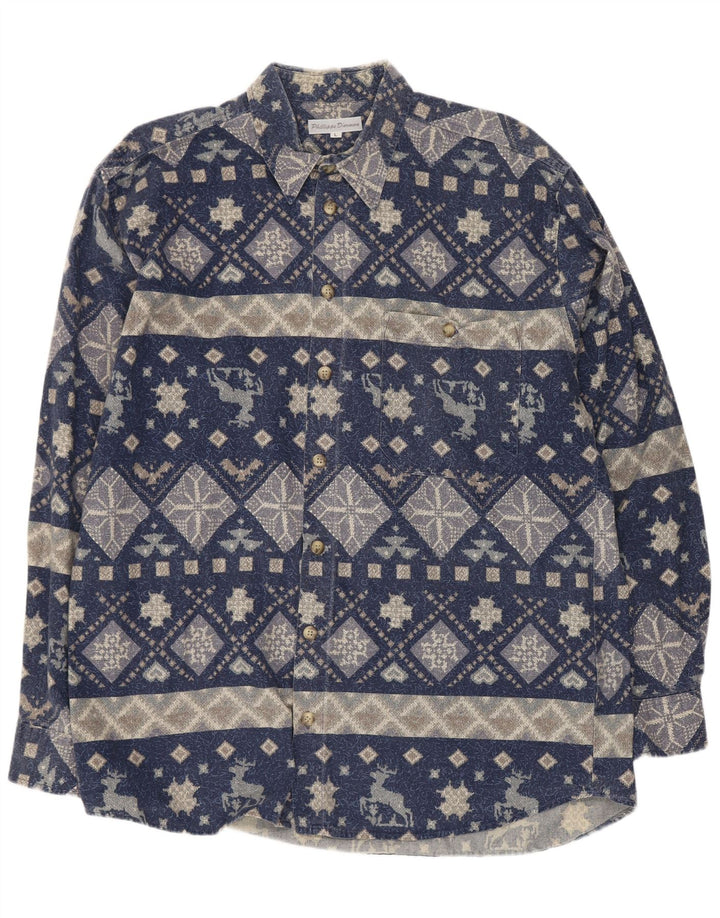 Camisa masculina vintage grande azul marinho geométrica