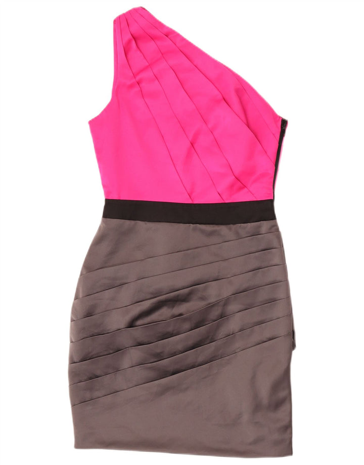 Vestido feminino Lipsy de um ombro UK 10 poliéster colorblock rosa pequeno