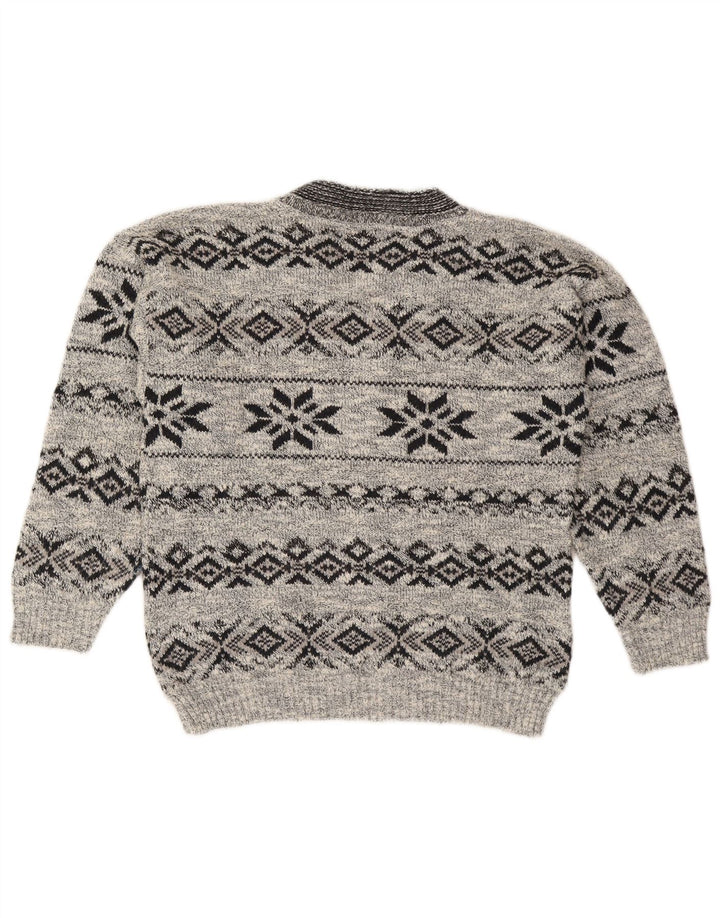 Suéter masculino VINTAGE com decote em V cinza médio Fair Isle Wool
