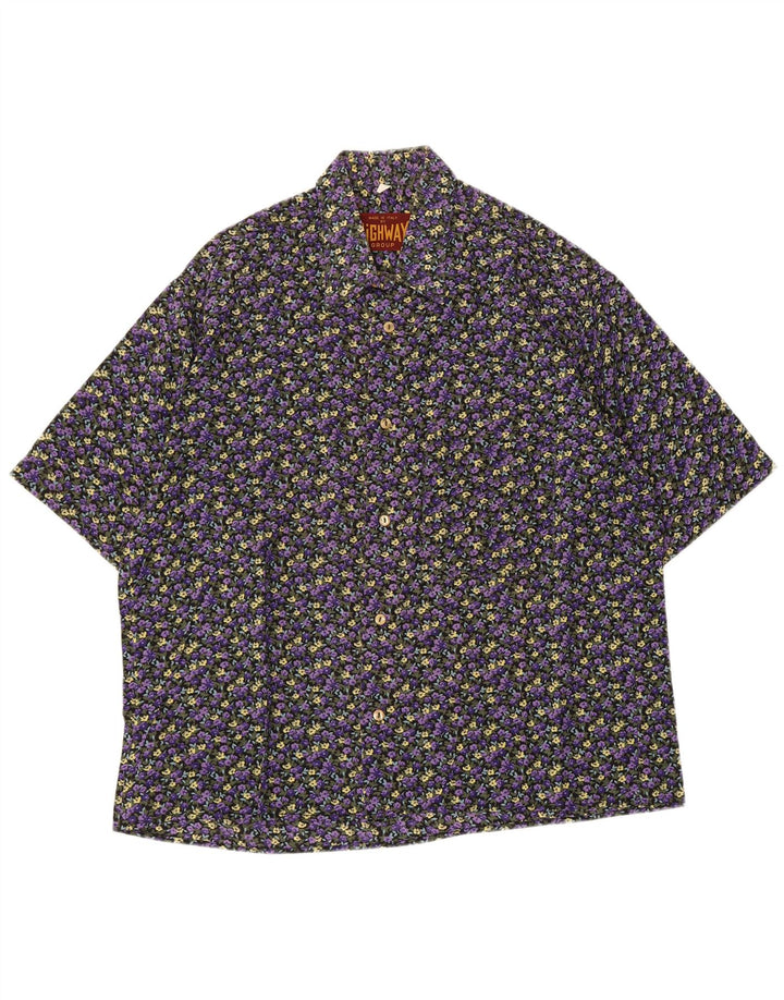 Camisa masculina vintage de manga curta médio roxo floral