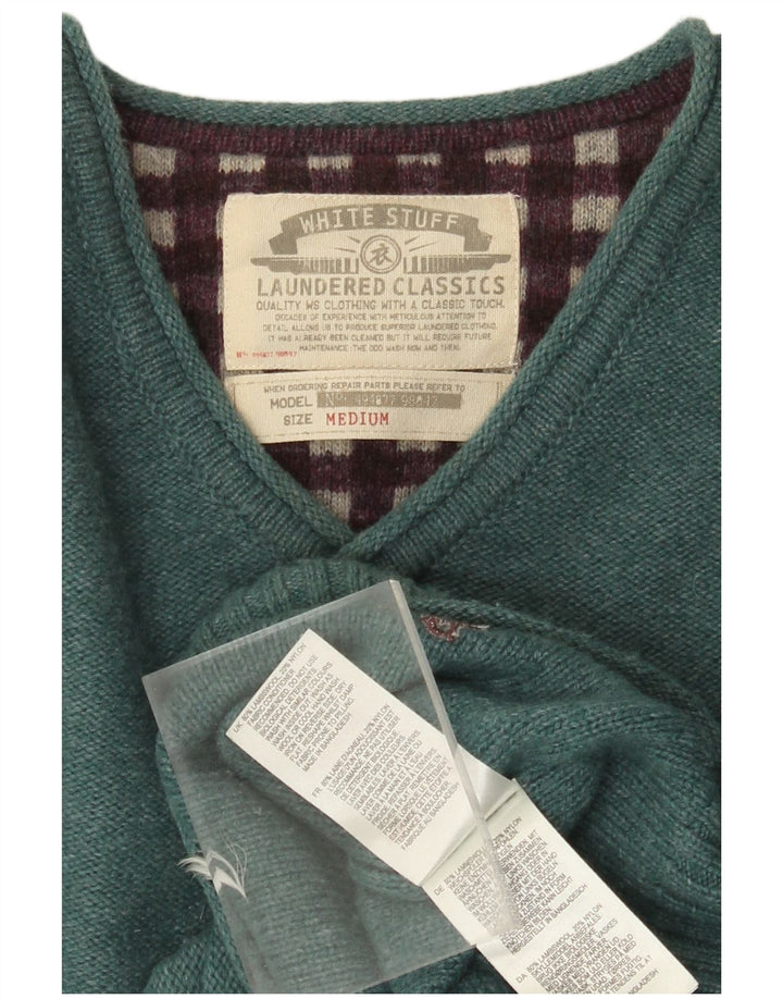 Suéter masculino branco com decote em V, lã de carneiro verde médio