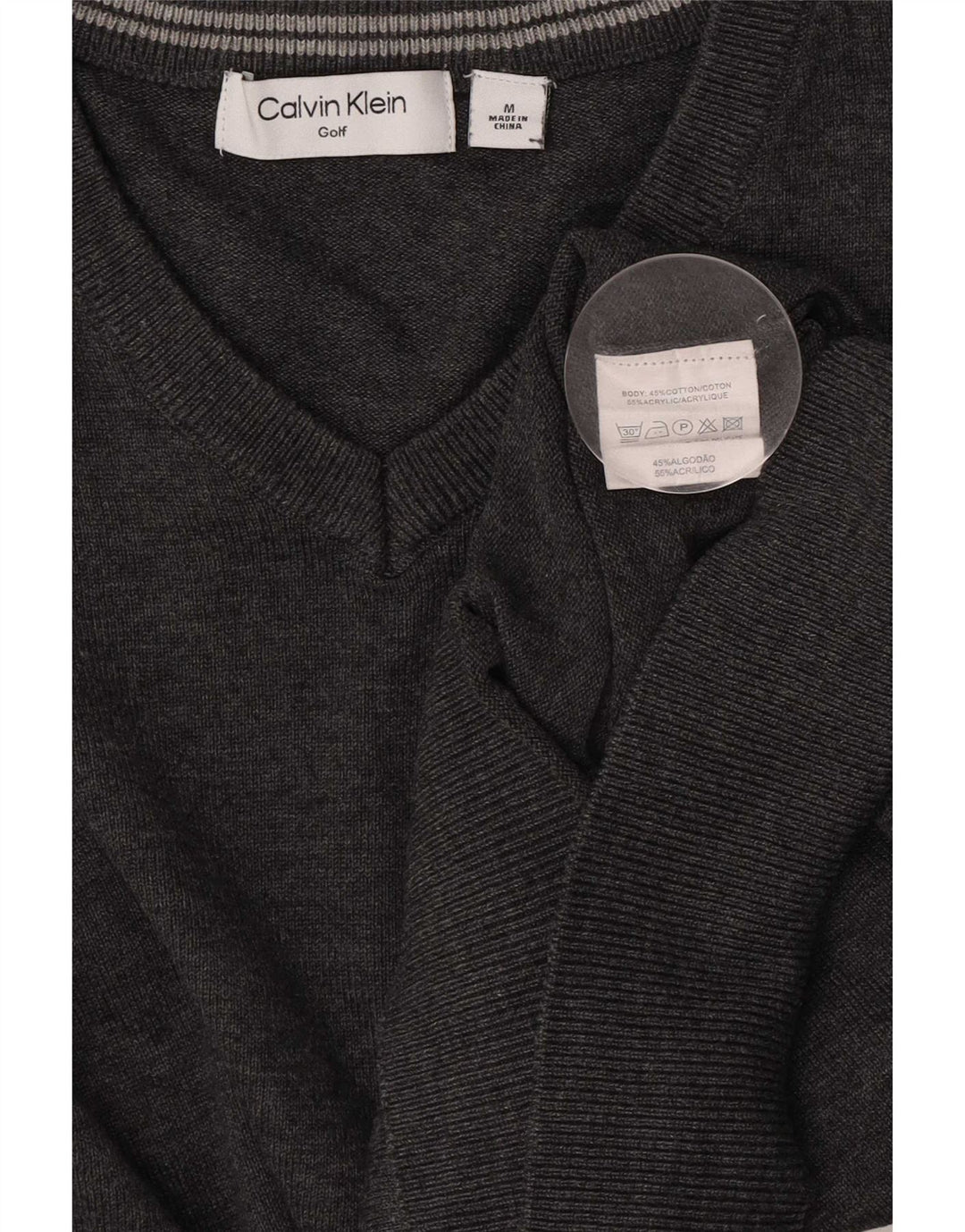 Suéter masculino Calvin Klein com decote em V, algodão manchado cinza médio