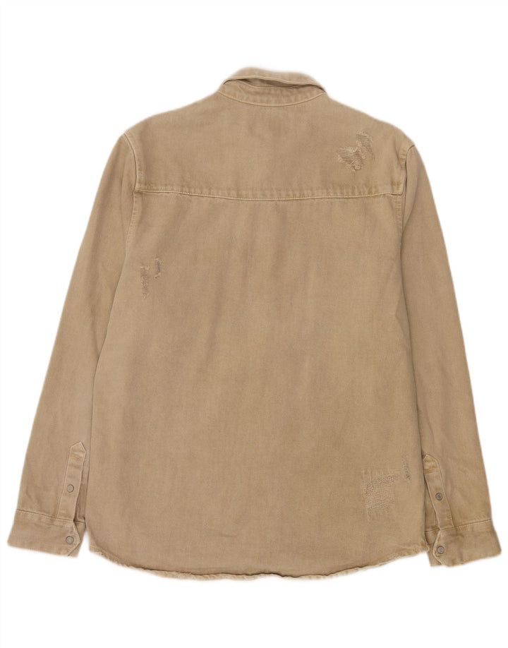 Camisa jeans masculina Zara com ajuste relaxado e desgastado grande algodão bege