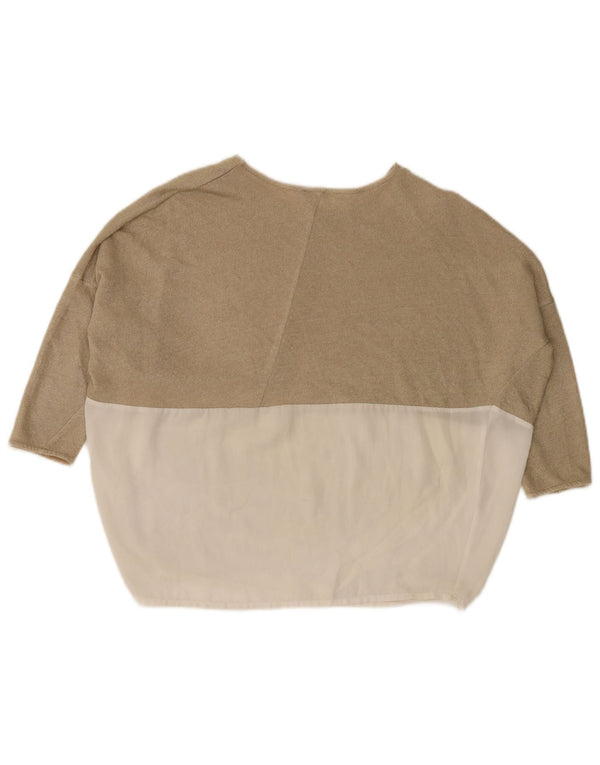 Zara Top feminino oversized manga 3/4 Reino Unido 10 pequeno bloco colorido bege
