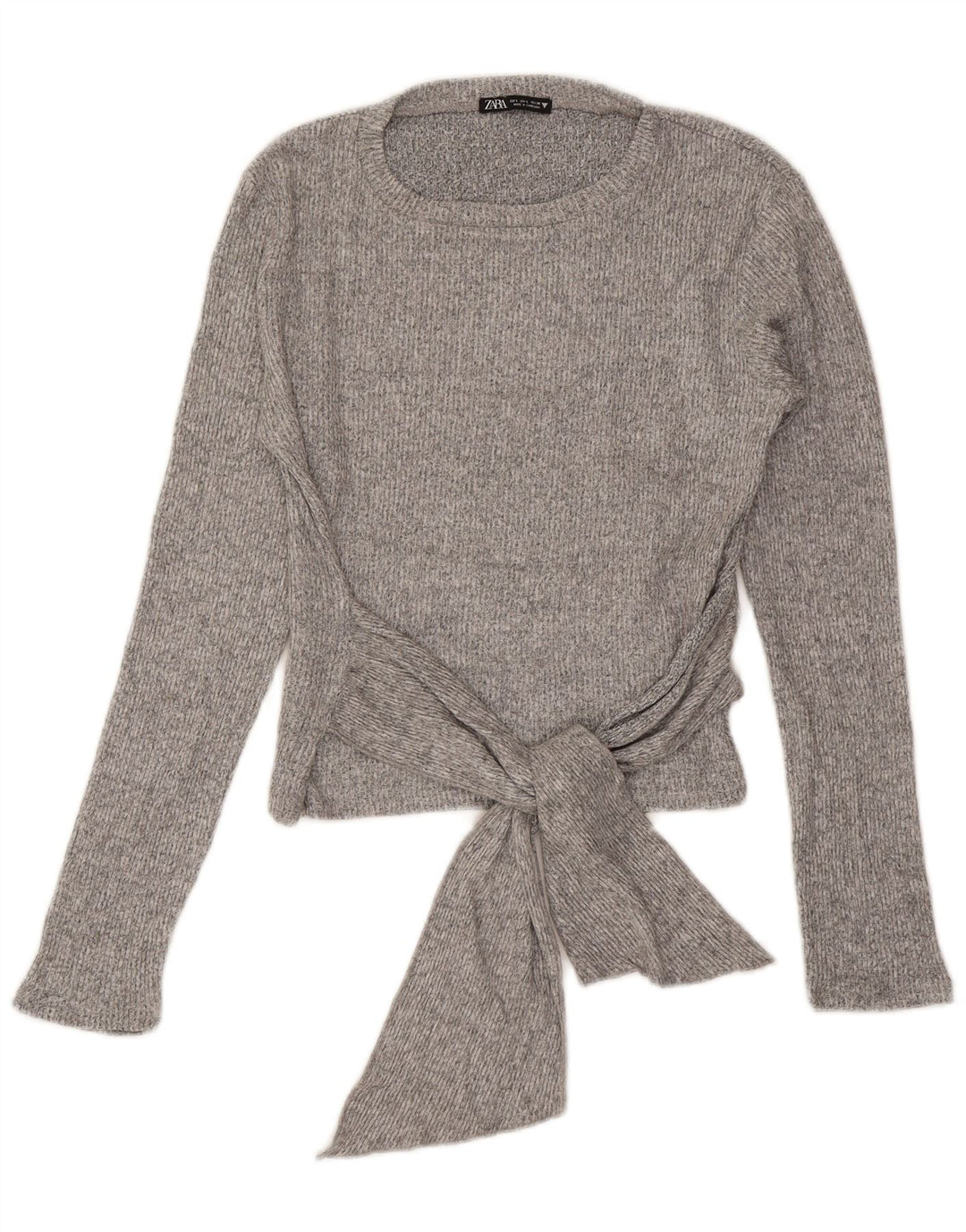 Zara Top feminino com gravata frontal e manga comprida Reino Unido 14 Viscose cinza grande