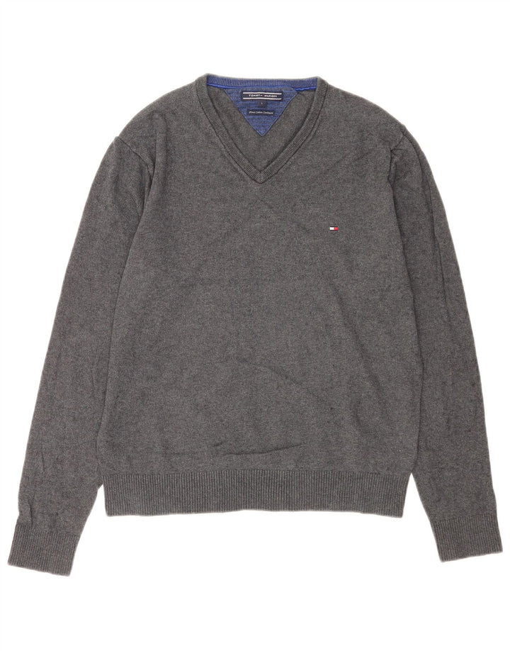 Suéter masculino Tommy Hilfiger com decote em V grande algodão cinza