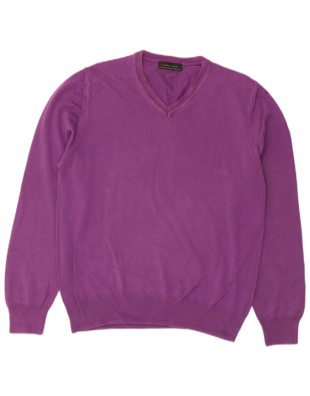 Suéter masculino ZARA com decote em V de algodão roxo médio