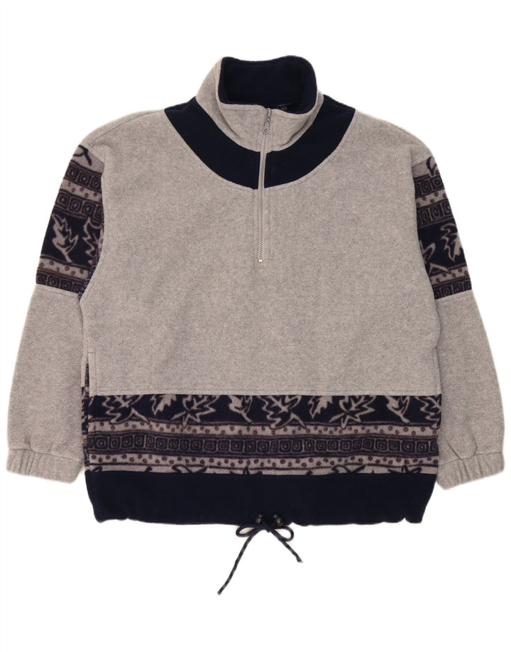 Jumper de lã masculino vintage com zíper e pescoço grande poliéster floral cinza