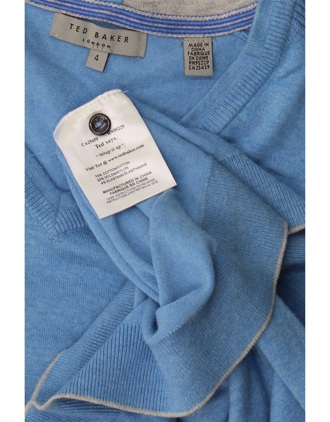 Suéter masculino TED BAKER com decote em V tamanho 4 grande algodão manchado azul