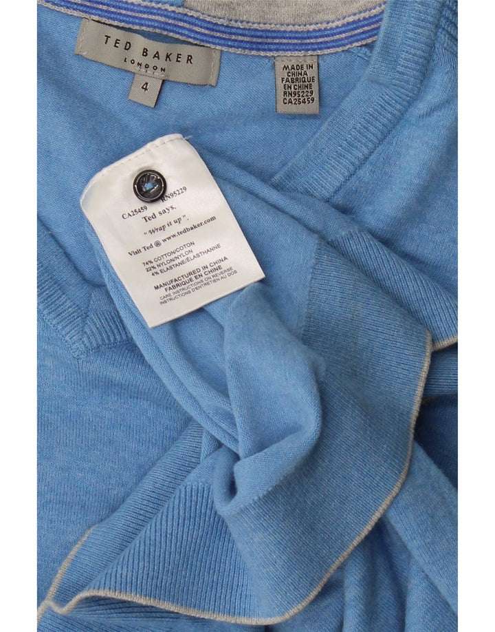 Suéter masculino TED BAKER com decote em V tamanho 4 grande algodão manchado azul