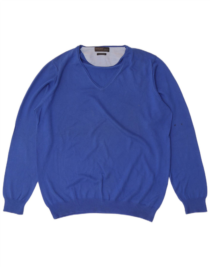 Zara Suéter masculino com decote em V XL algodão azul