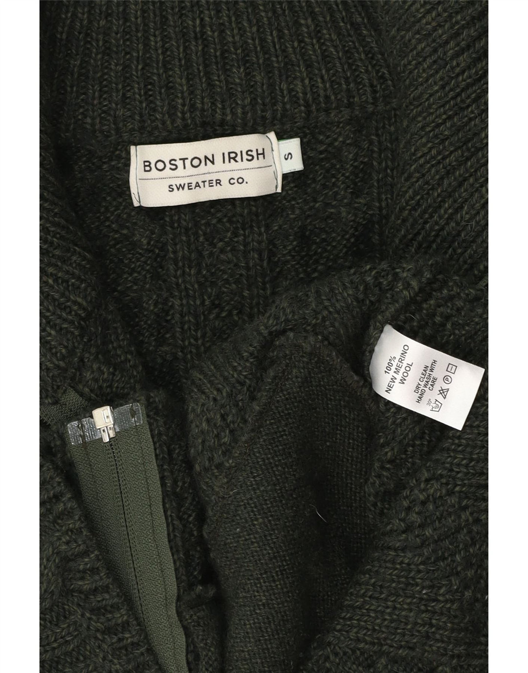 Suéter cardigã feminino BOSTON IRISH Reino Unido 10 lã merino verde pequena