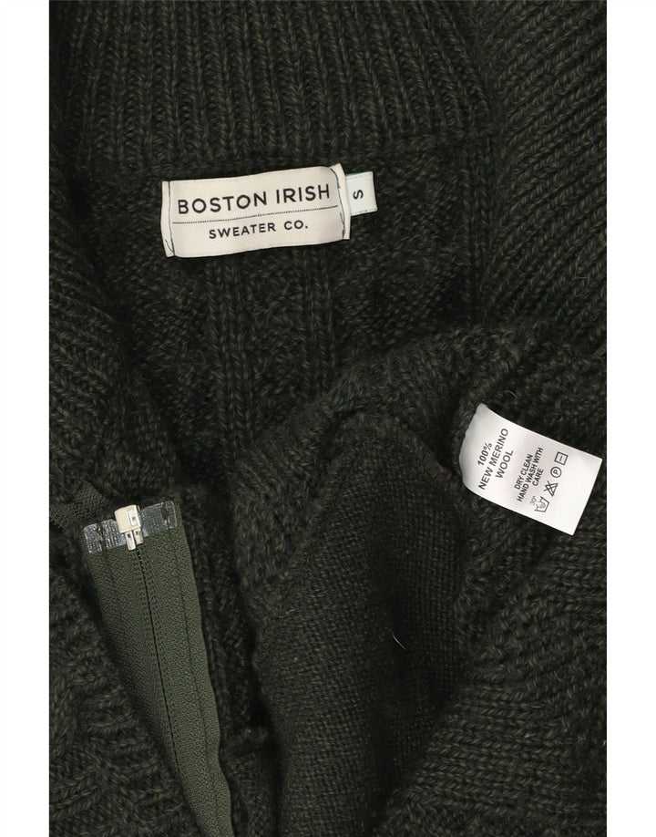 Suéter cardigã feminino BOSTON IRISH Reino Unido 10 lã merino verde pequena