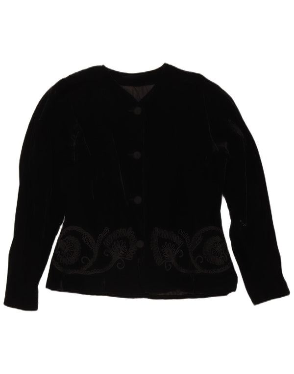 Jaqueta blazer feminina vintage de veludo com 4 botões Reino Unido 14 médio preto floral