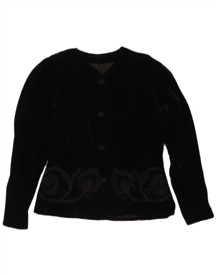 Jaqueta blazer feminina vintage de veludo com 4 botões Reino Unido 14 médio preto floral