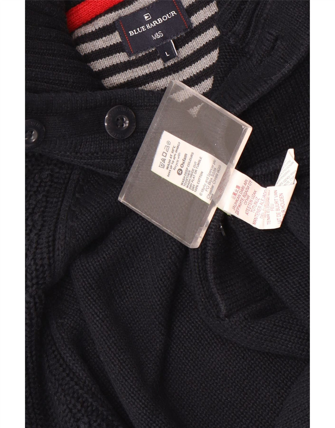 Suéter masculino Marks & Spencer com gola redonda e botão grande azul marinho