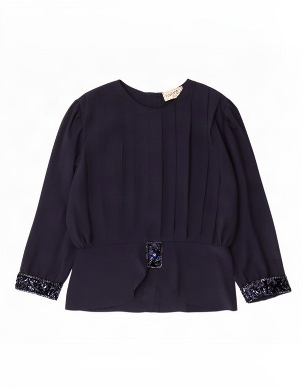 Blusa feminina vintage manga 3/4 top UK 14 grande poliéster azul marinho