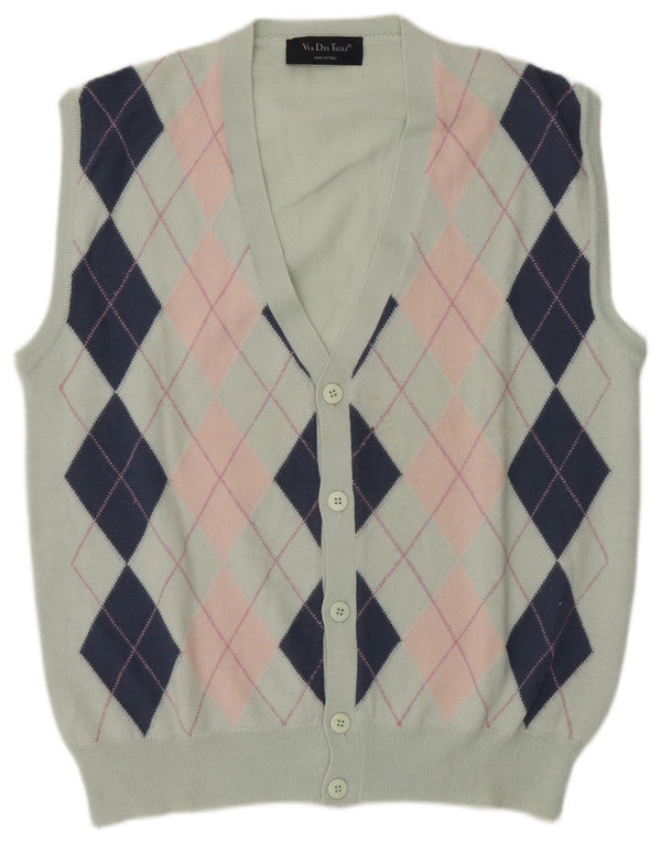 Suéter cardigã masculino vintage sem mangas IT 54 XL verde Argyle/lã diamante