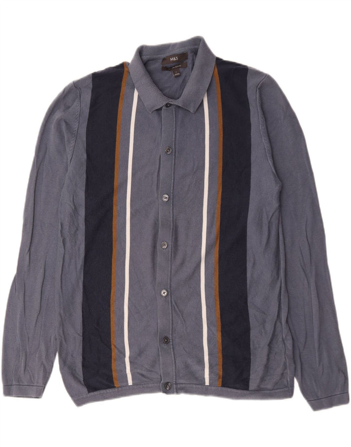 Suéter cardigã masculino Marks & Spencer grande algodão listrado azul marinho