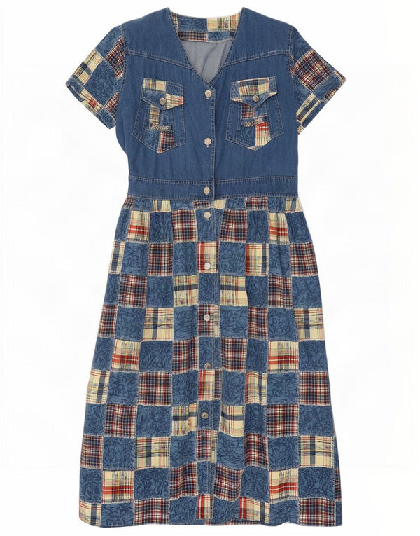 Vestido jeans feminino vintage UK 14 patchwork azul médio