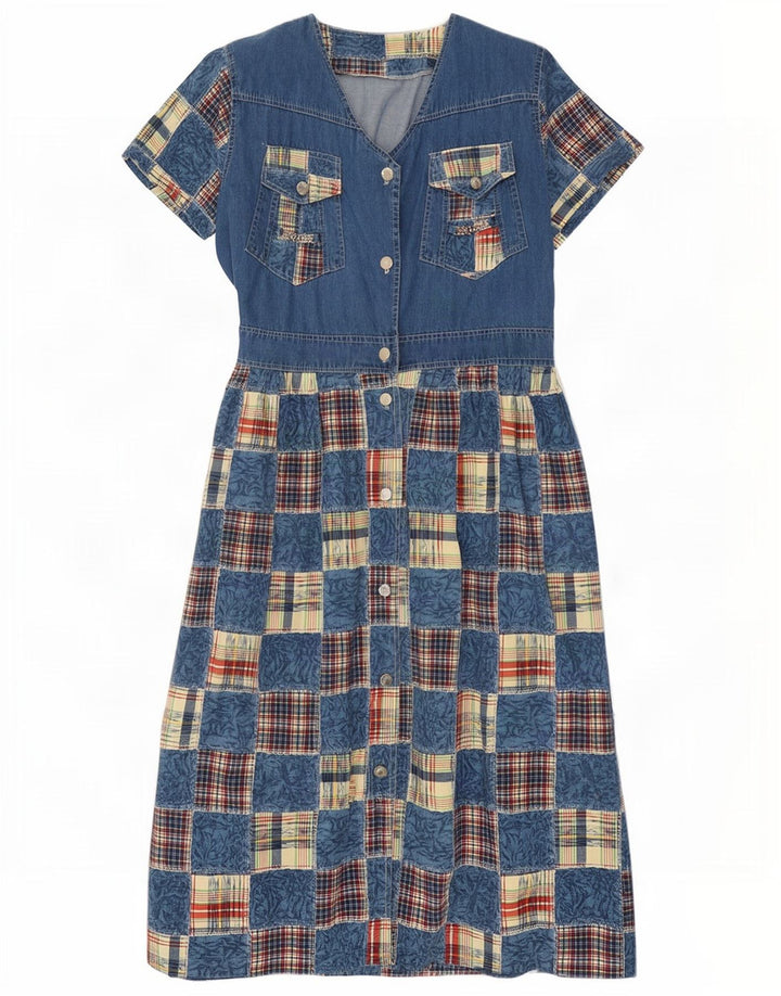 Vestido jeans feminino vintage UK 14 patchwork azul médio
