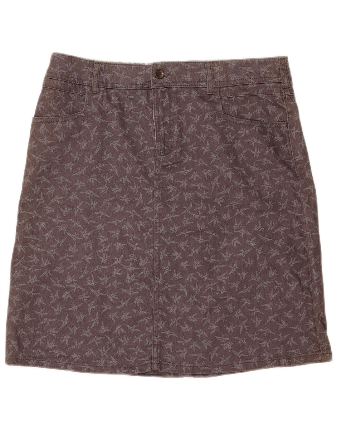 Saia jeans feminina com padrão abstrato White Stuff Reino Unido 12 médio W32 cinza