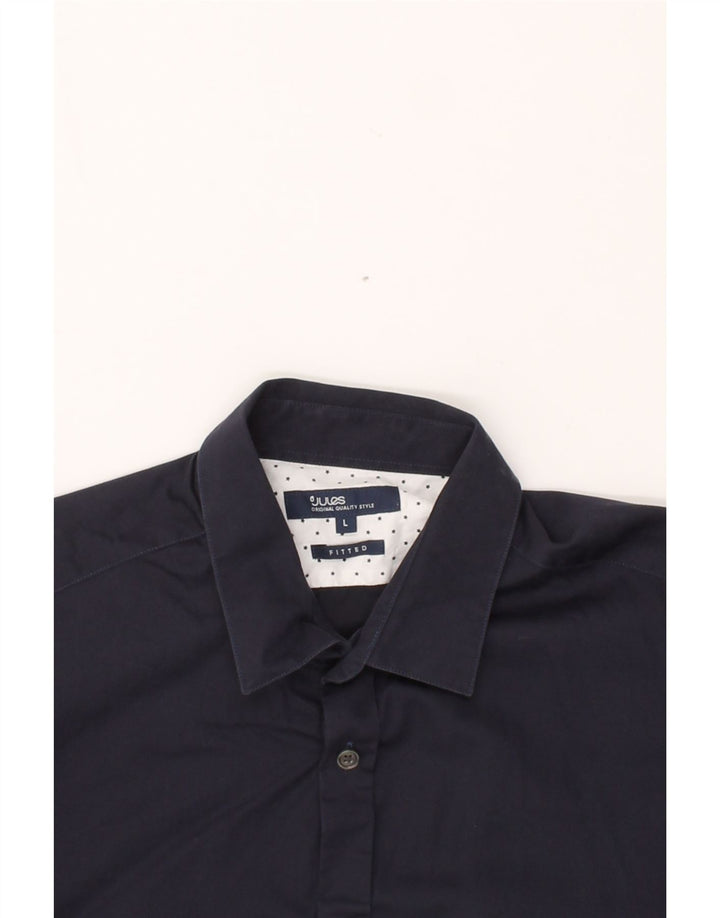 JULES Mens Fitted Shirt Large Navy Blue Cotton Vintage Jules and Second-Hand Jules from Messina Hembry 