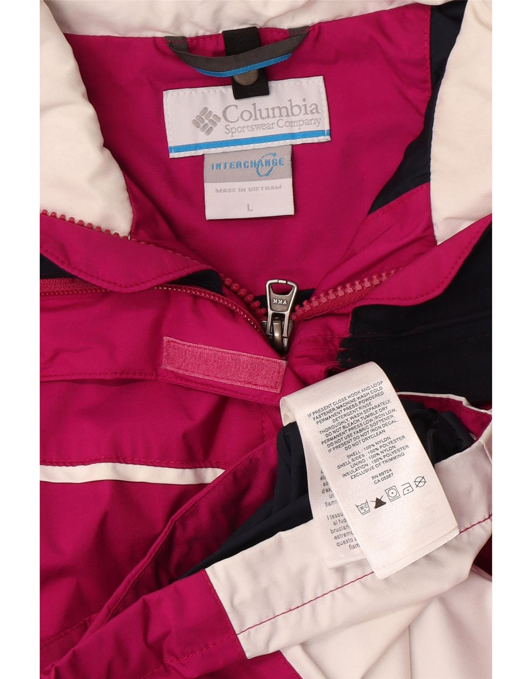 Jaqueta de chuva feminina Columbia Interchange UK 16 grande bloco colorido rosa nylon