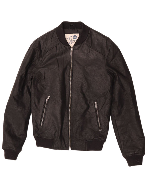 Jaqueta de couro masculina contemporânea Reino Unido 36 couro preto pequeno