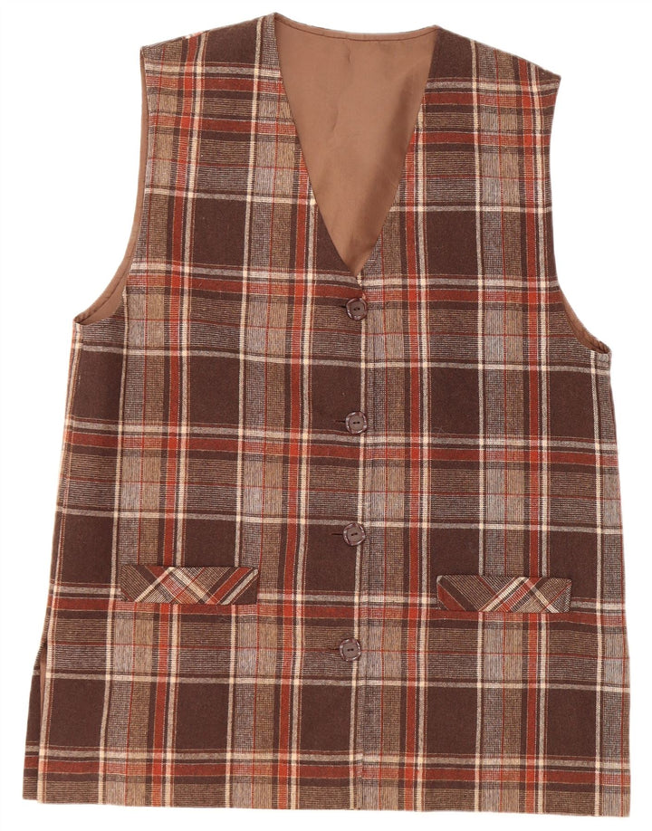 Jaqueta blazer feminina VINTAGE sem mangas com 4 botões Reino Unido 16 grande xadrez marrom