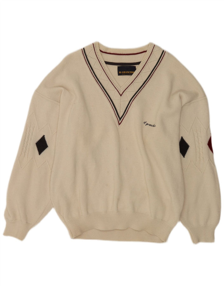 Il Granchio Suéter masculino com decote em V grande branco Argyle/Diamante
