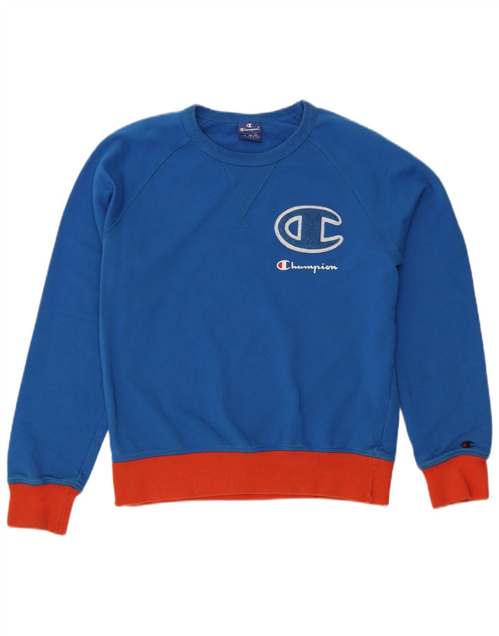 CHAMPION Suéter gráfico feminino Jumper Reino Unido 14 bloco colorido azul médio
