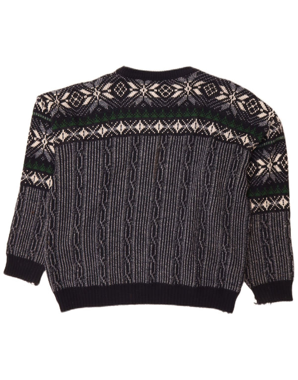C & A Mens Boat Neck Jumper Sweater Large Navy Blue Fair Isle Polyacrylic
