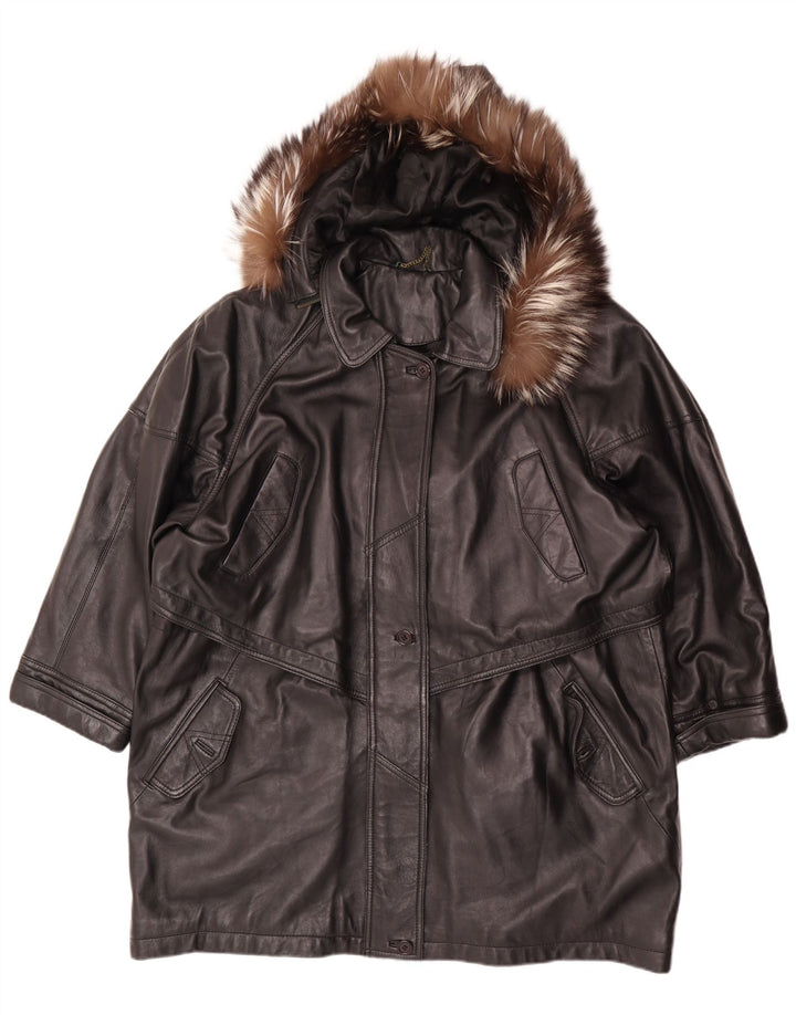Casaco de couro superdimensionado com capuz feminino vintage EU 46 XL couro preto