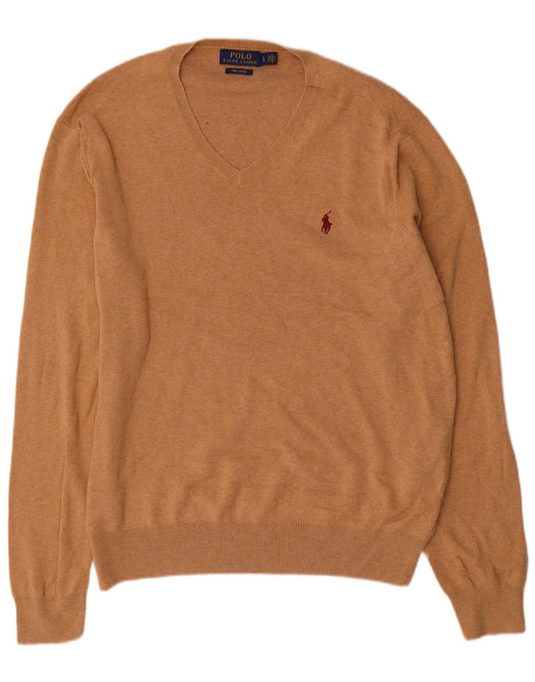 Polo Ralph Lauren Suéter masculino com decote em V grande algodão bege