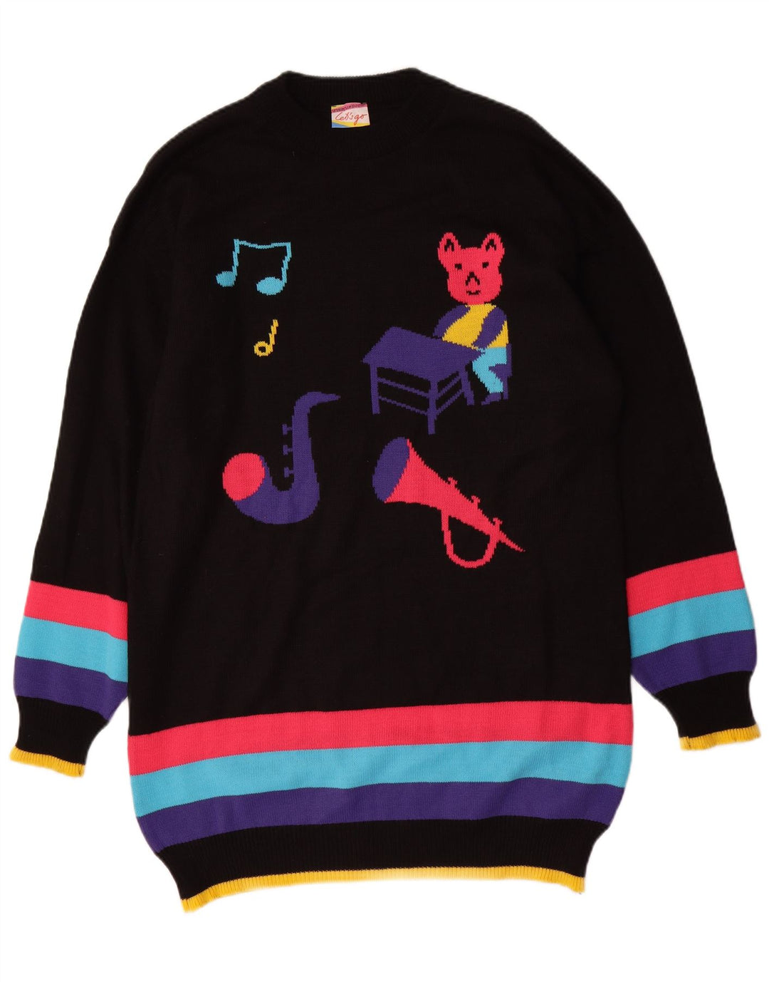 Vestido feminino VINTAGE com estampa gráfica UK 16 grande bloco colorido preto