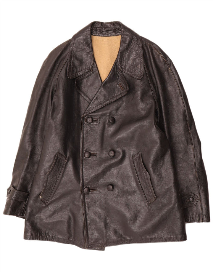 Jaqueta de couro vintage masculina com peito duplo UK 38 média preta