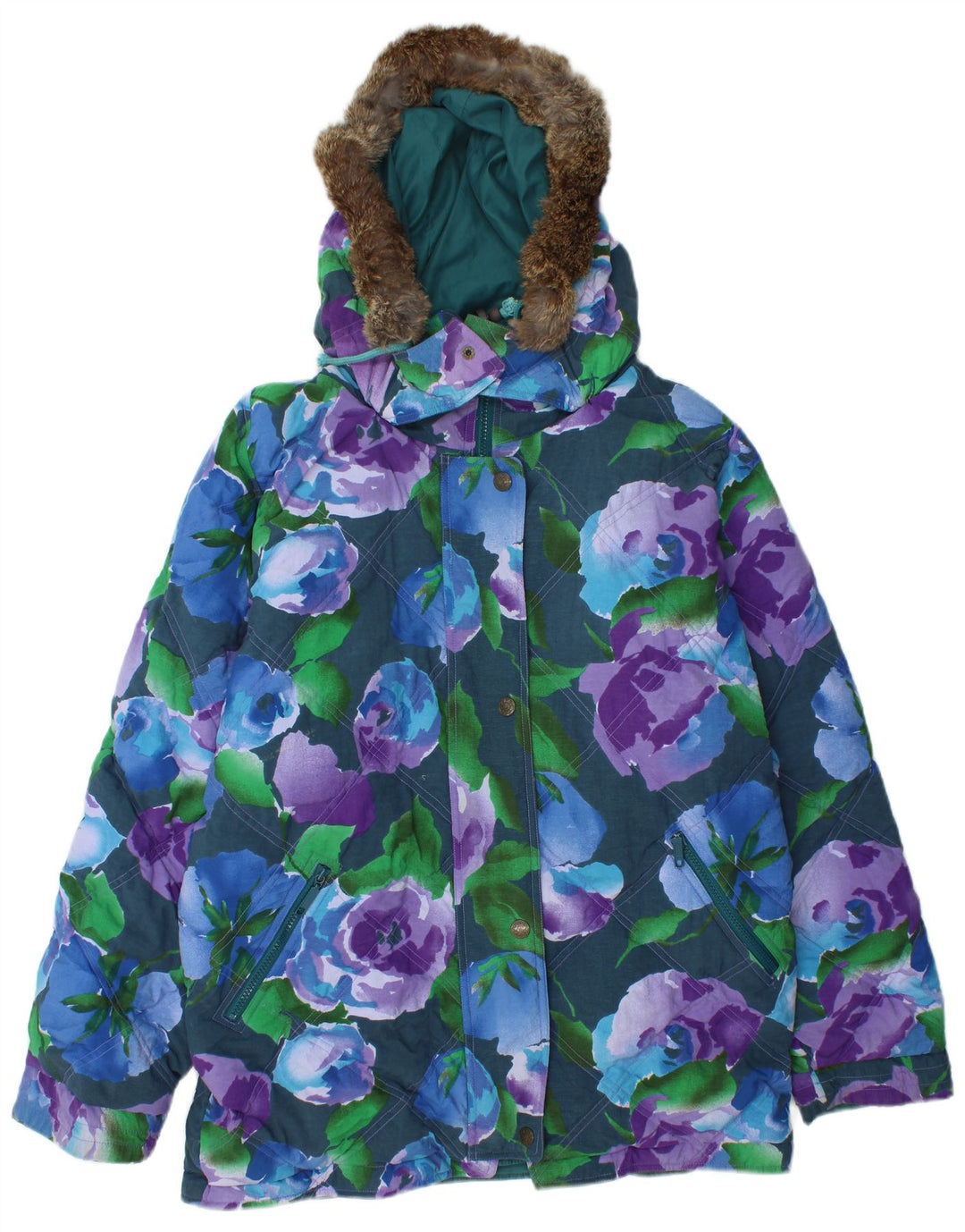 Jaqueta feminina VINTAGE reversível com gráfico grande tamanho UK 16 grande turquesa